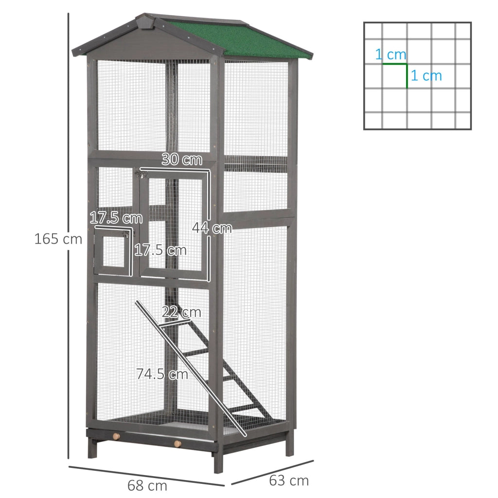 Gabbia per Uccelli Voliera Alta da Esterno 68x63x165 cm 2 Porte e Vassoio Estraibile in Legno Grigio Chiaro