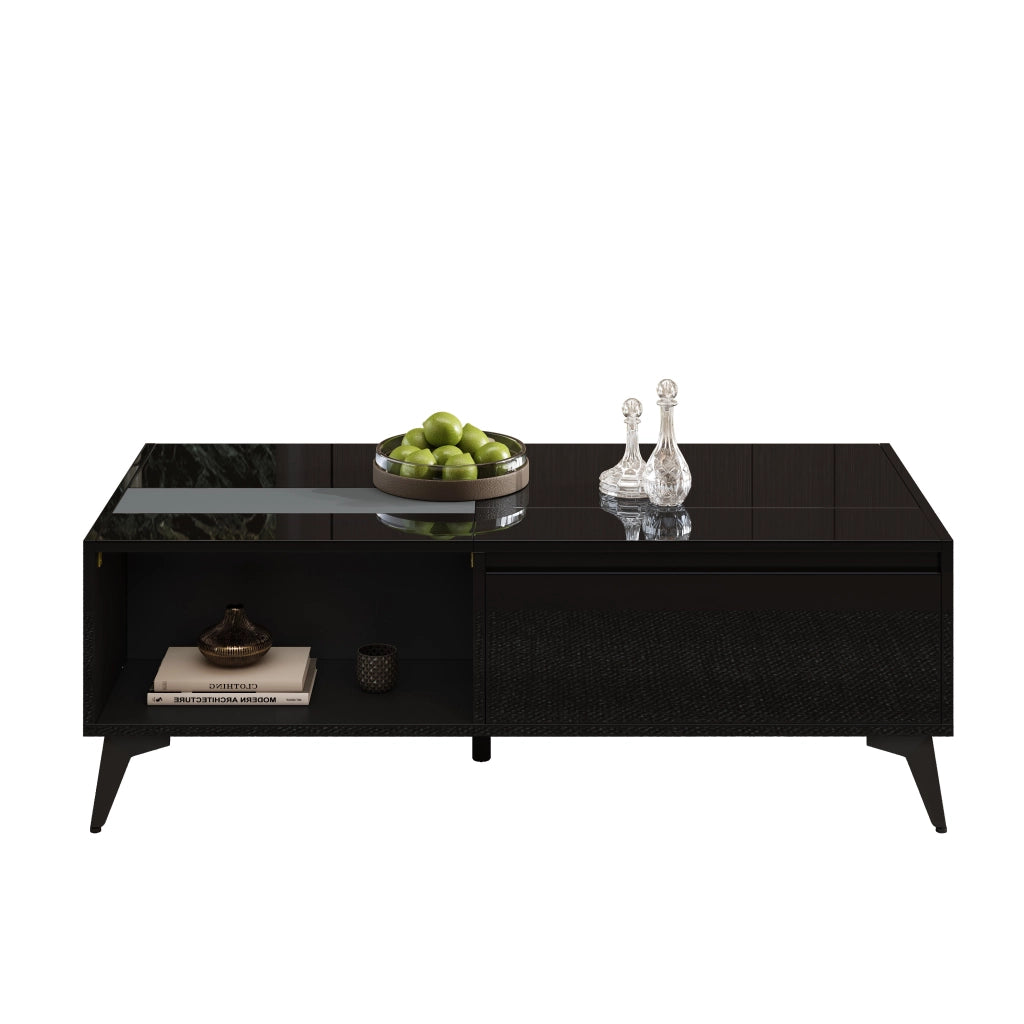 OKWISH Tavolino da Salotto con Piano Sollevabile, Vano Contenitore e Ripiani Aperti, Finitura Lucida, Nero, 110 x 50 x 48 cm