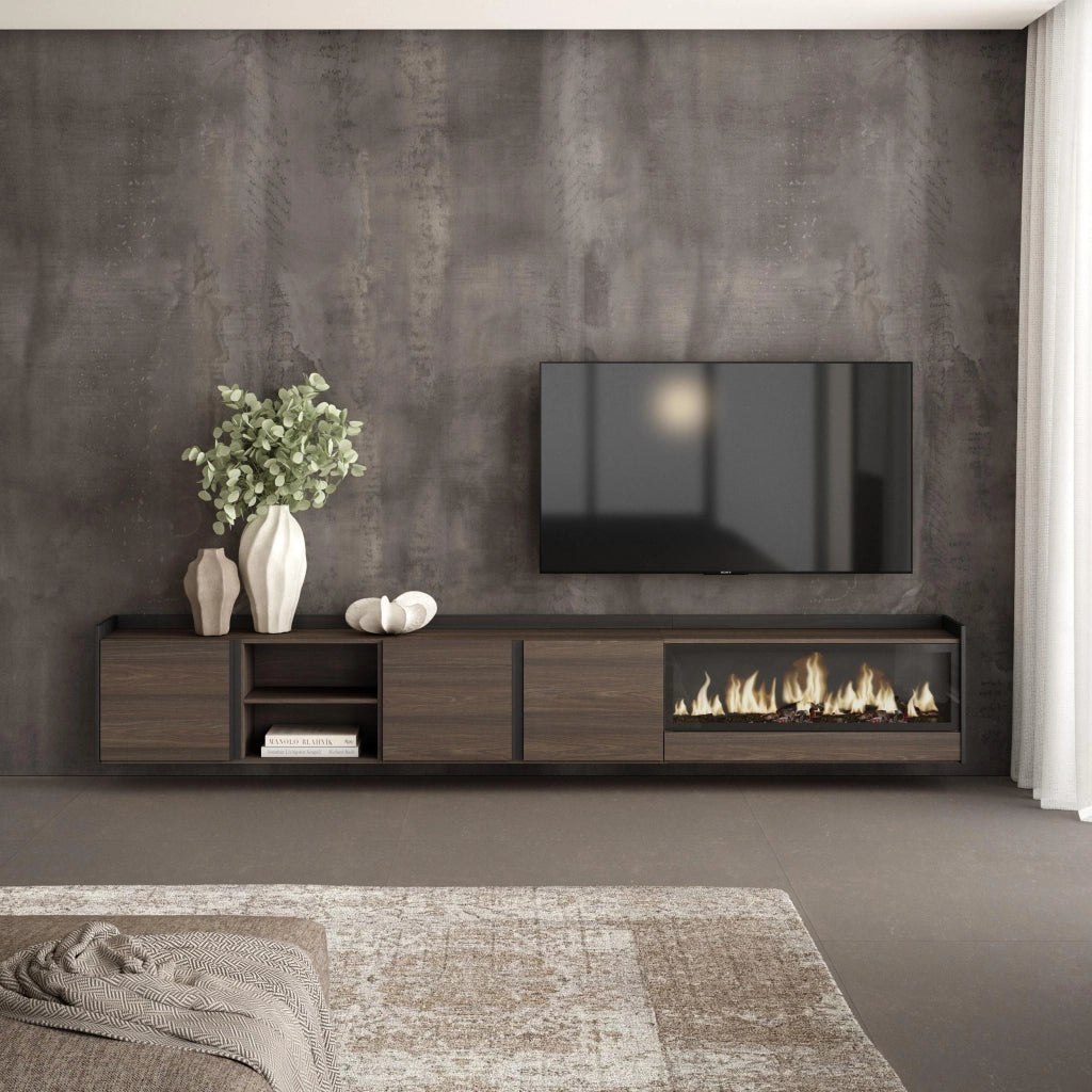Mobile TV Soggiorno, 315x50x35 cm, Per TV fino a 80", Camino elettrico XXL, Sospeso, da appendere, Rovere scuro e Nero