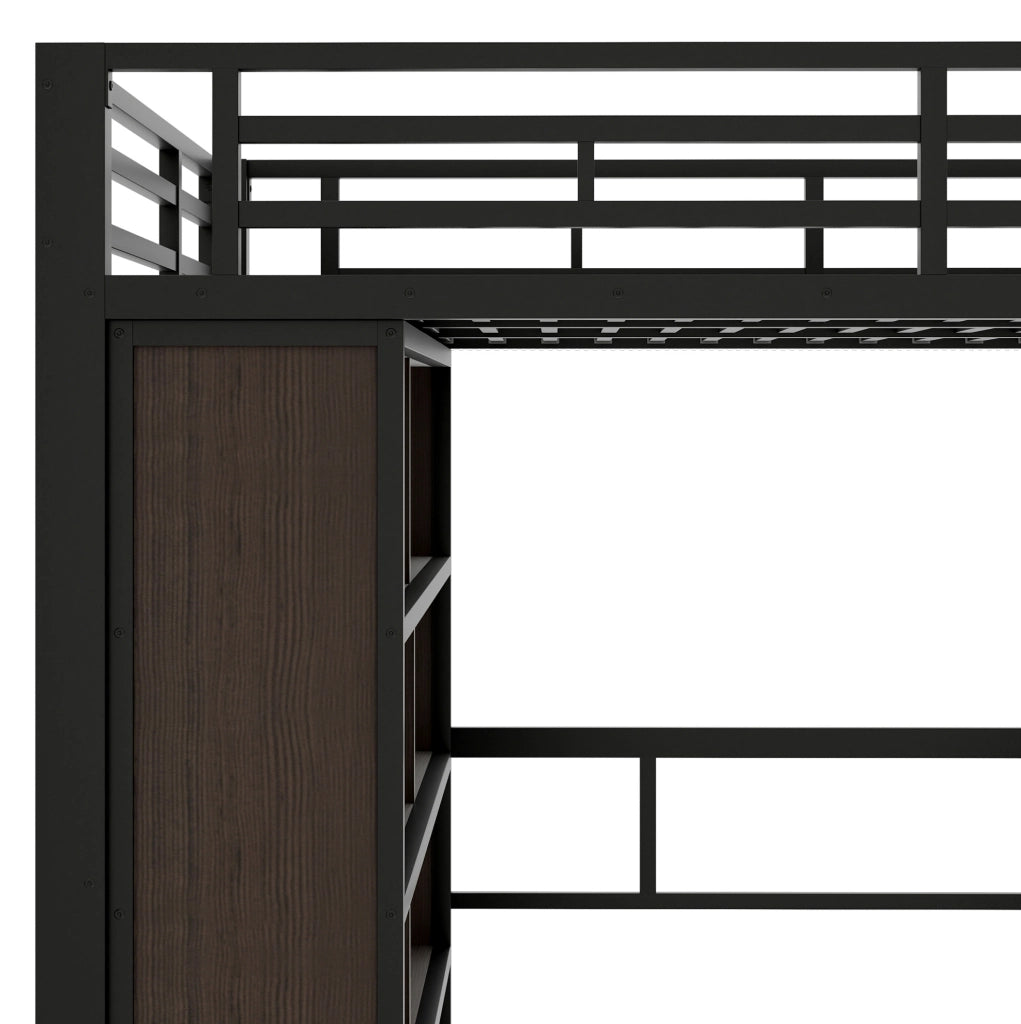 Hochbett con scrivania, ripiani e LED, 140 x 200 cm, nero