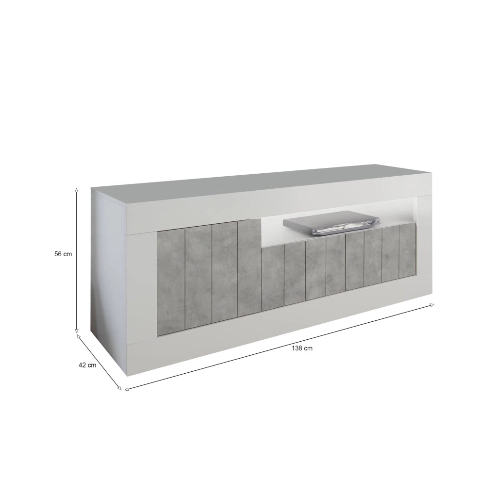 Mobile da soggiorno Porta Iole, Made in Italy, Credenza per Iole da salotto a 3 ante e ripiani, cm 138x56h42, colore Bianco lucido e cemento