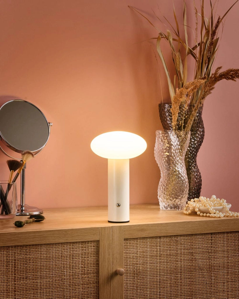 Lampada da tavolo in ferro con luce LED senza fili fungo bianco stile moderno