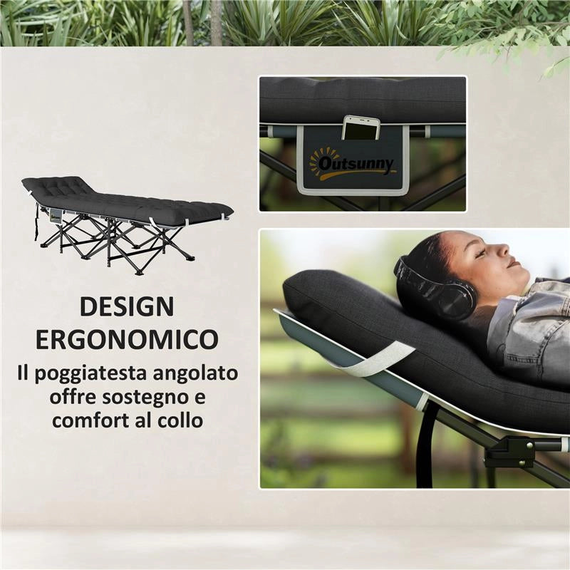 LETTINO DA CAMPEGGIO PIEGHEVOLE CON POGGIATESTA INCLINATO E MATERASSO RIMOVIBILE, 196X68X37 CM, NERO