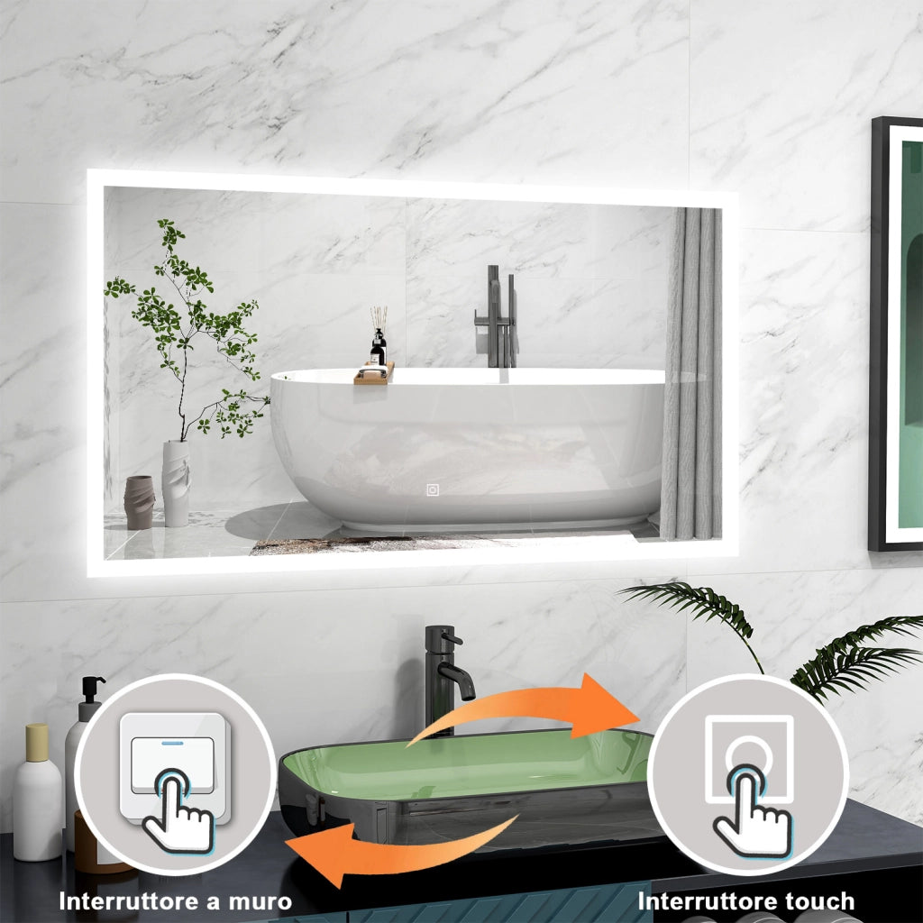 AICA Specchio 100x60cm,3 colori,Memoria, Antifog,Regorabile,Retroilluminato,doppio interruttore