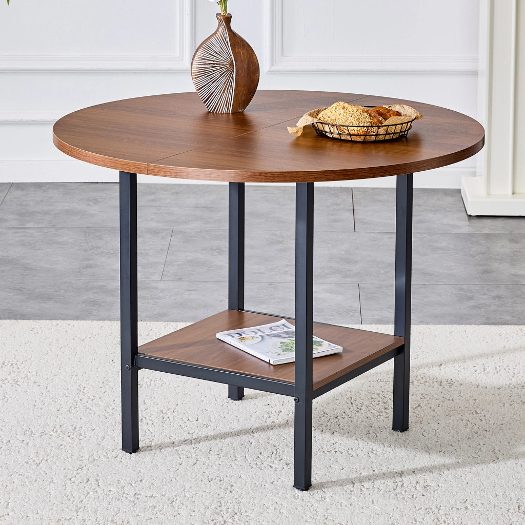 Tavolo da pranzo rotondo 100 cm con doppio ripiano; MDF e metallo; color noce