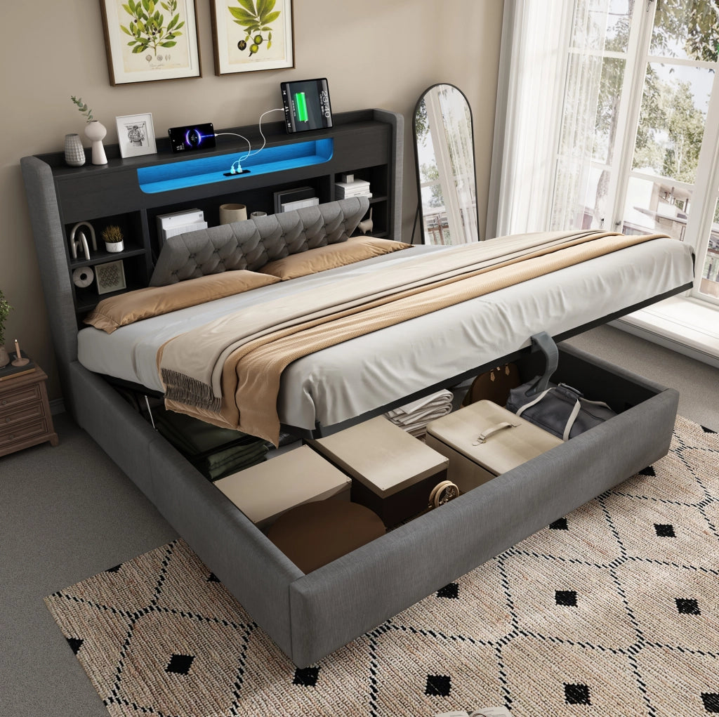 Letto contenitore 140x190 cm con LED, USB e testiera con ripiani
