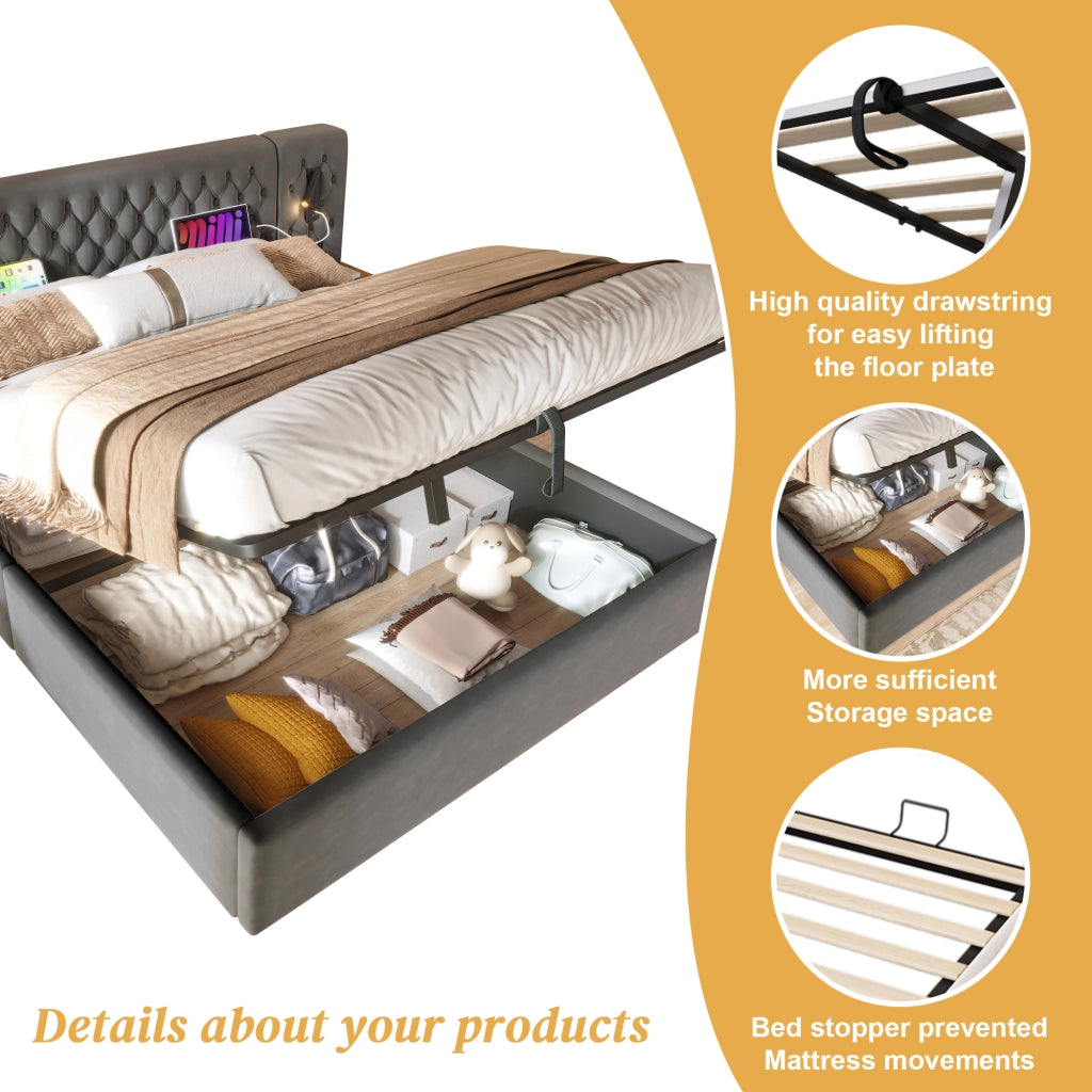 Letto Contenitore Letto Matrimoniale 160×200 cm con 2 Comodini; USB; Type-C e Luci da Lettura; senza Materasso