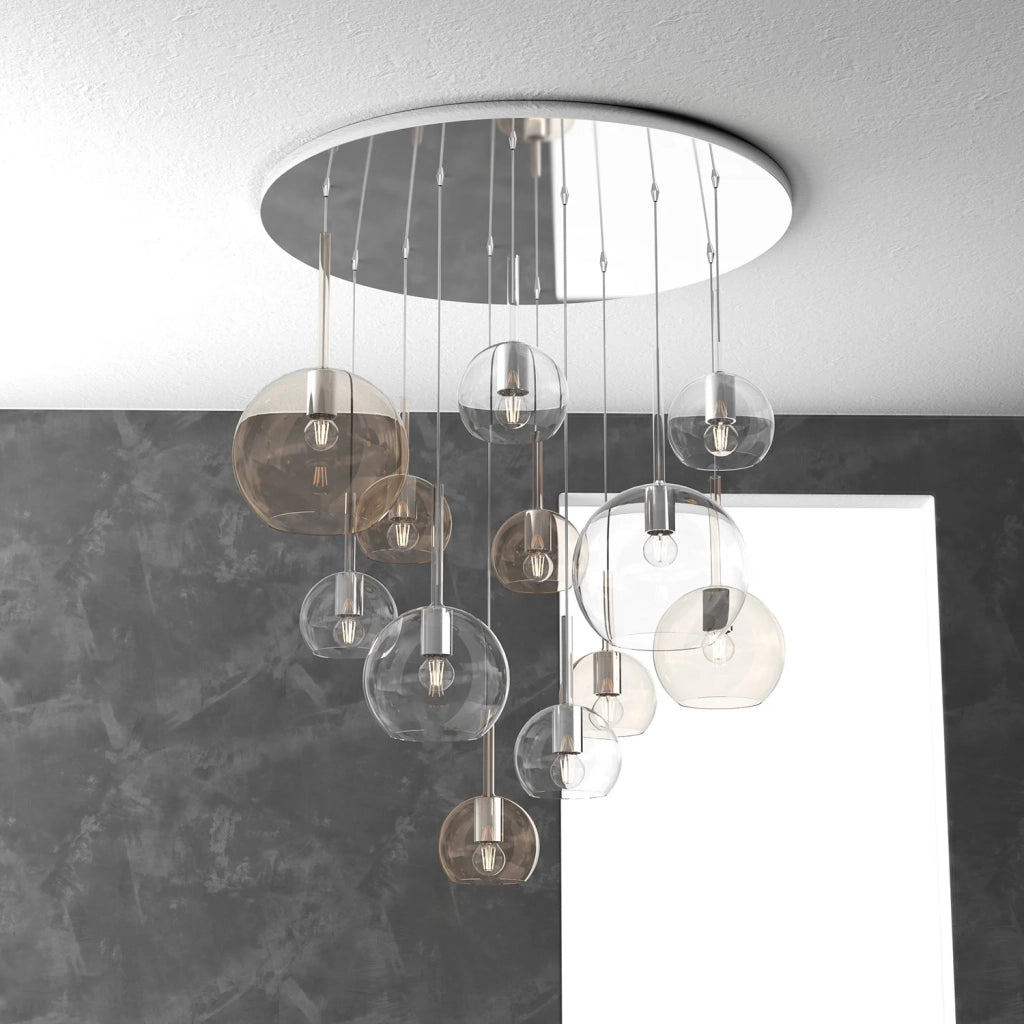 Lampadario Contemporaneo Future Metallo Cromo Vetro Mix Trasp-Ambra 12 Luci E27