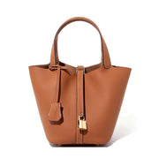 Borsa a mano da donna in vera pelle, a tracolla, a secchiello, tote bag, marrone