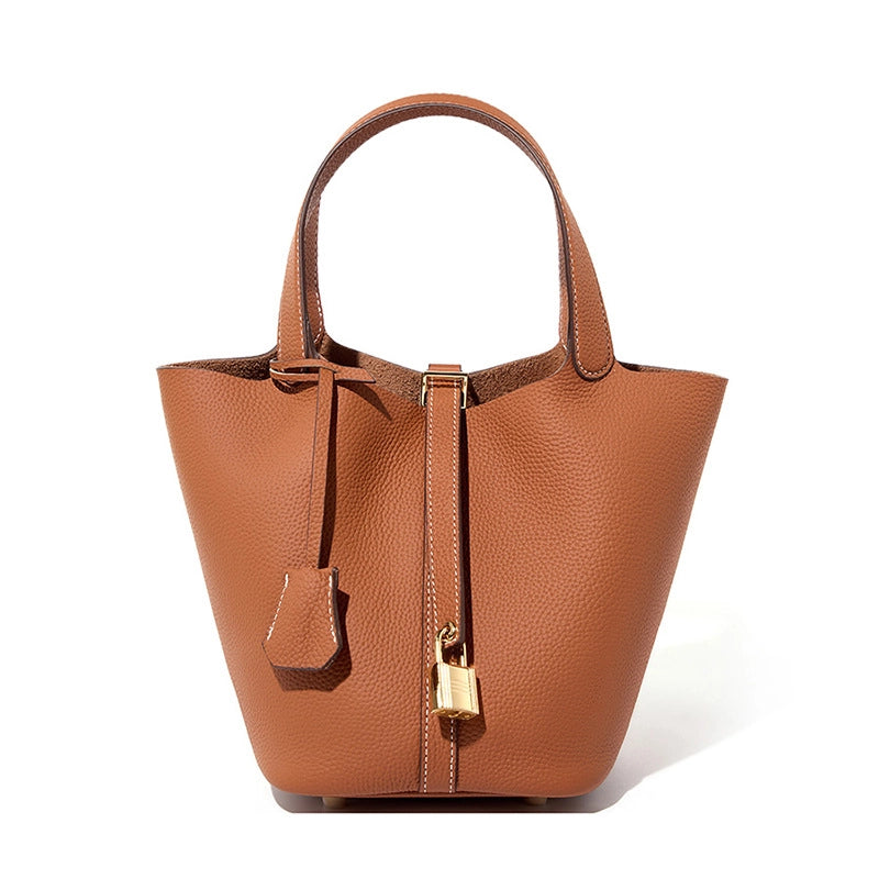 Borsa a mano da donna in vera pelle, a tracolla, a secchiello, tote bag, marrone