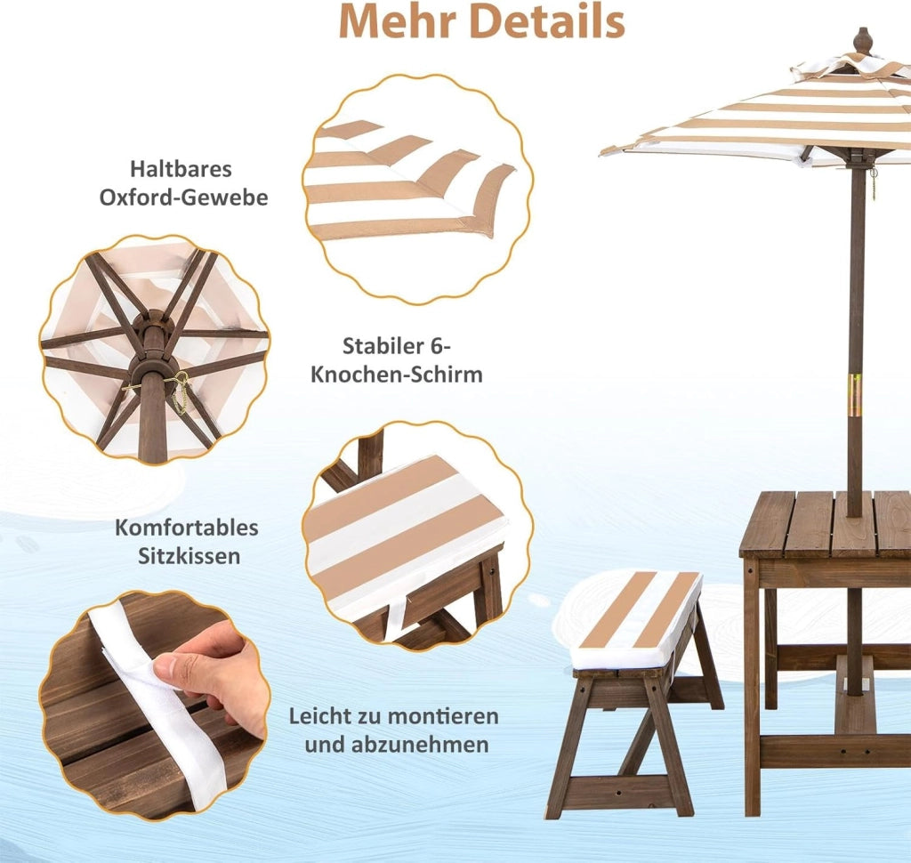 Set di Tavolo Picnic per Bambini con Ombrellone Regolabile, Panche per Bambini in Legno di Abete con Parasole e Cuscini Morbidi, Tavolo e Panchine Pranzo da Giardino e Parco (Marrone)