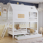 Letto a castello con funzioni di stoccaggio in legno massello e MDF bianco naturale 90x200 cm
