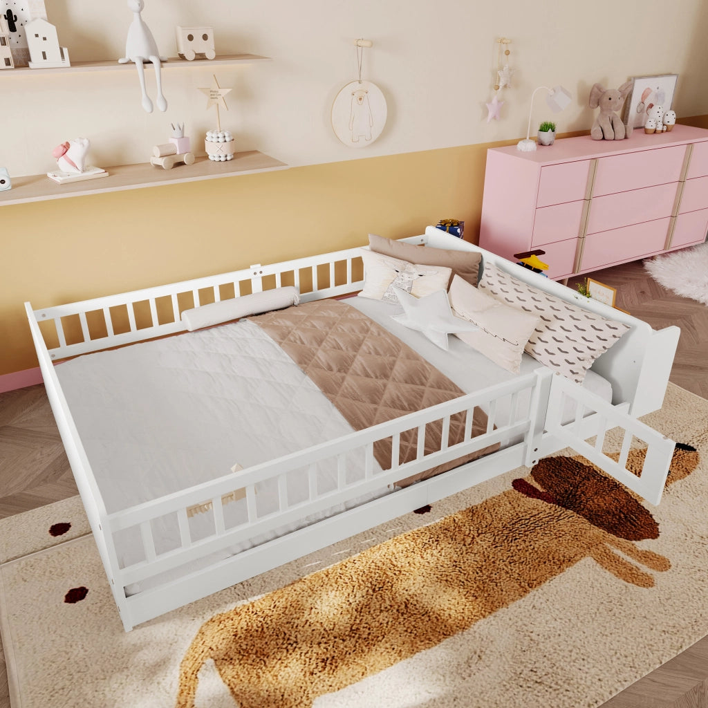 Letto per bambini bianco in pino con spazio di stoccaggio aperto e cassetti integrati 140x200 cm