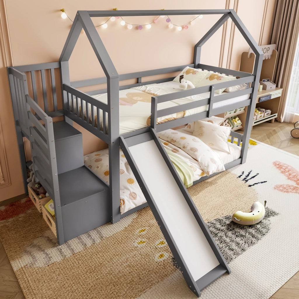 OKWISH Letto a Castello 90×200 cm, Letto Singolo con Scala con Vani, Scivolo e Spondine, senza Materasso, Grigio