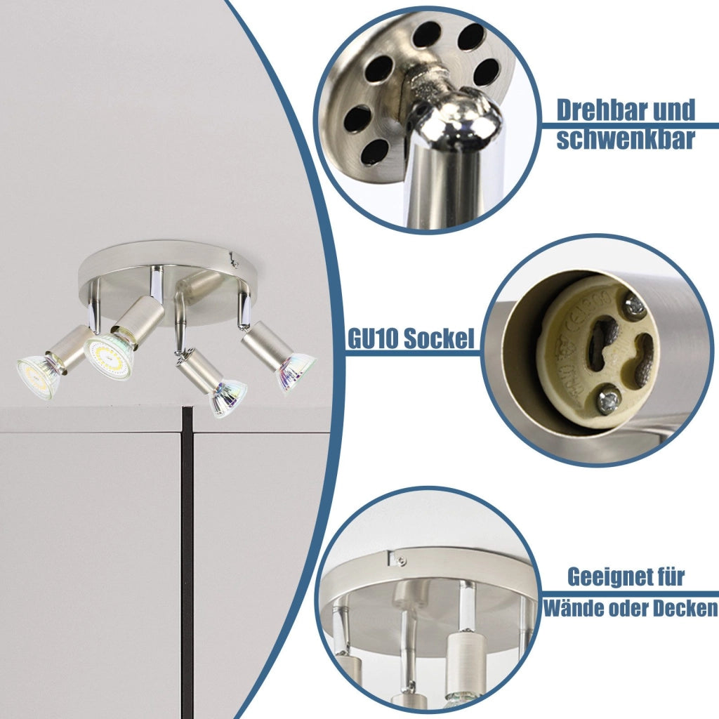 ZMH Faretto da soffitto 4 luci GU10 metallo nichelato regolabili 350° stile moderno max 25W