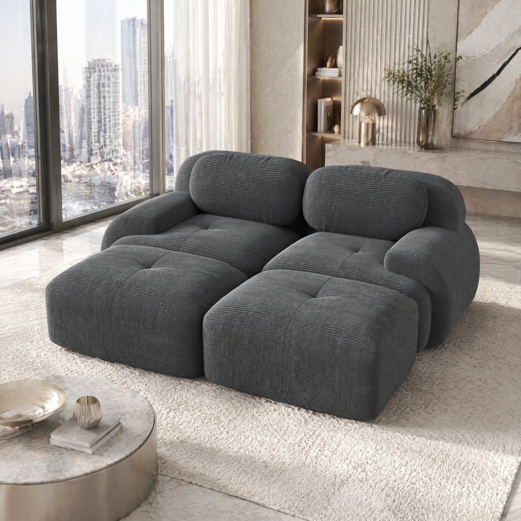 Divano angolare modulare in velluto a coste grigio; 208 x 178 x 70 cm