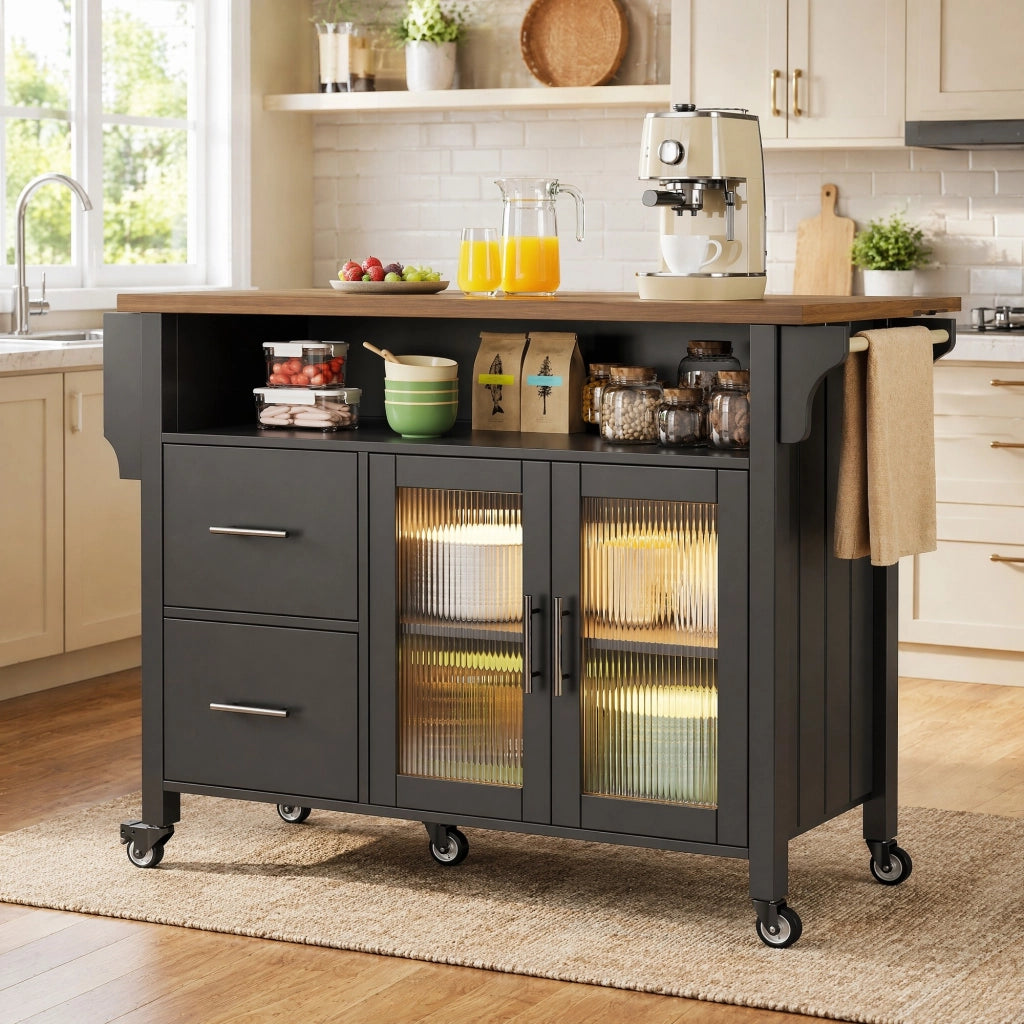 CARRELLO CUCINA 139x40x94 cm Nero MDF con LED e ruote