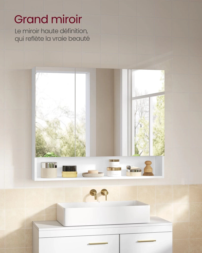 Mobiletto da bagno con ante a specchio mobile contenitore mobiletto a specchio da parete vano aperto ripiani regolabili 165 x 70 x 75 cm bianco 12_0004015