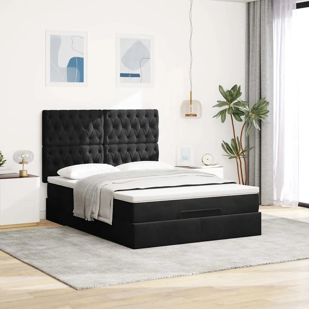 Struttura Letto Pouf con Materassi Nero 140x200 cm in Velluto 3313549