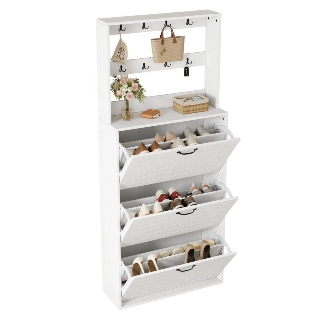 Appendiabiti con scarpiera a 3 ripiani; 8 ganci; 70x25x165 cm; in truciolare bianco