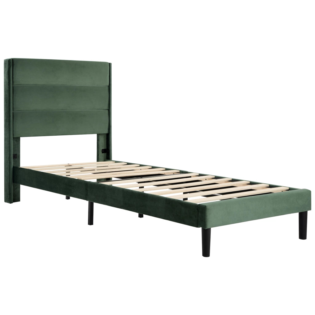 Letto imbottito 90x200 cm con rete a doghe, testiera e rivestimento in velluto verde scuro