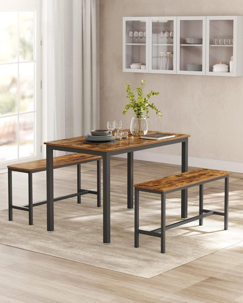 VASAGLE Tavolino da Pranzo con 2 Panche, Set di 3 Pezzi, Tavolo da Cucina 70 x 110 x 75 cm, 2 Panche 30 x 97 x 50 cm, Struttura in Acciaio, Marrone Vintage e Nero KDT070B01