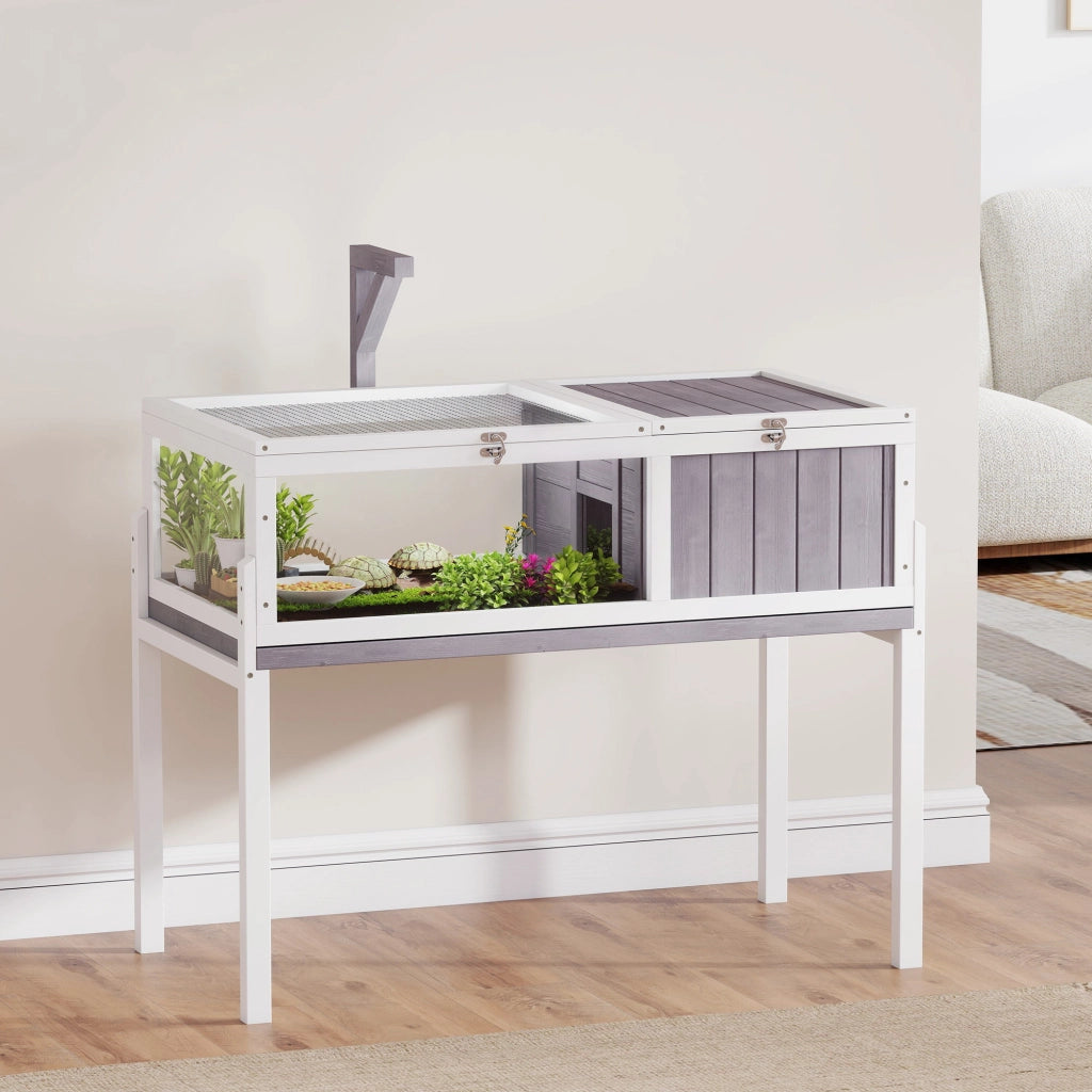 Casetta per Tartarughe in Legno con Finestra e Coperchio ¨C Minimal ¨C 104x53x82cm, Bianco e Grigio