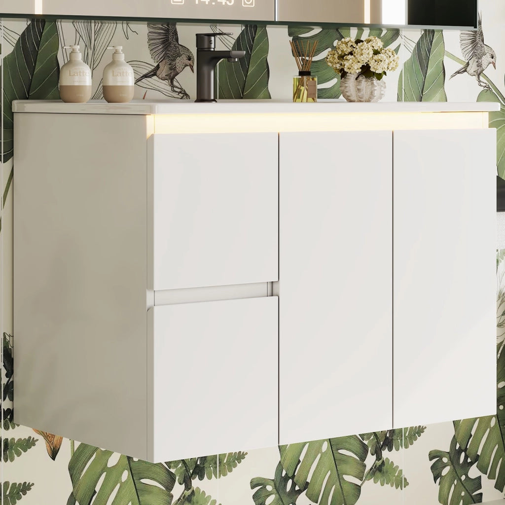 Mobile sottolavabo con 2 cassetti e 1 armadietto; LED; per bagno; 76×47×57 cm; bianco