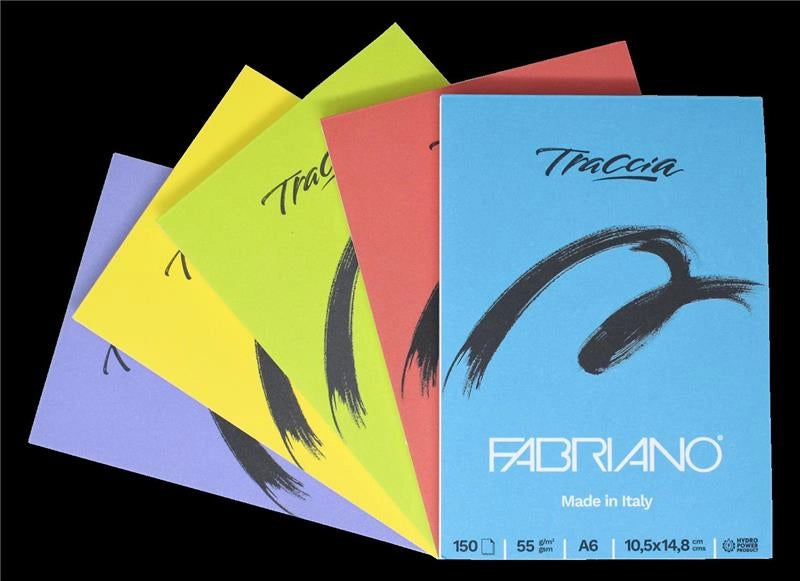 FABRIANO BLOCCO TRACCIA MADE IN ITALY 150 FOGLI 55 GR A6 MISURE 10,5X14,8 CM COLORI ASSORTITI
