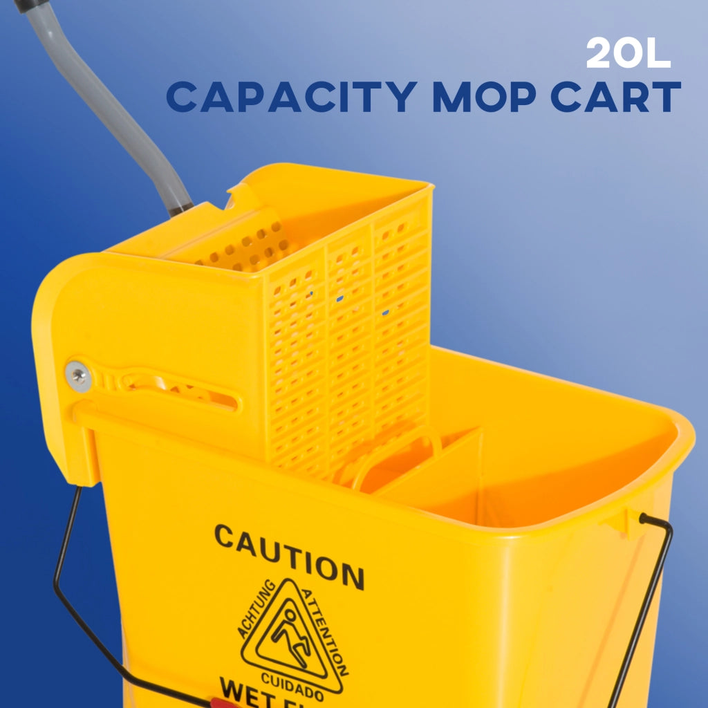Secchio/carrello per la pulizia da 20 litri con strizzatore, carrello per mocio con 2 scomparti, giallo, ideale per la pulizia e l'uso domestico