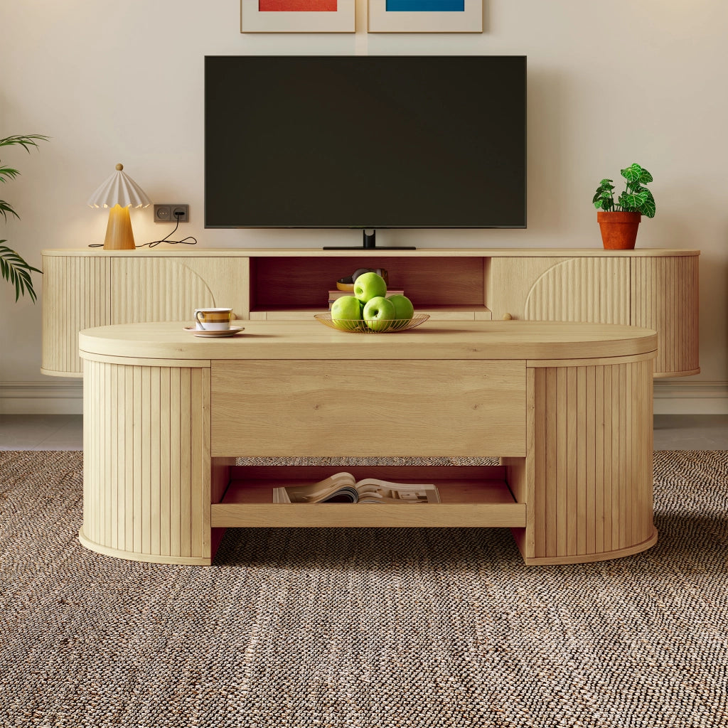 Tavolino da caffè 110x55.5x40 cm; altezza regolabile con piano sollevabile; MDF; colore naturale