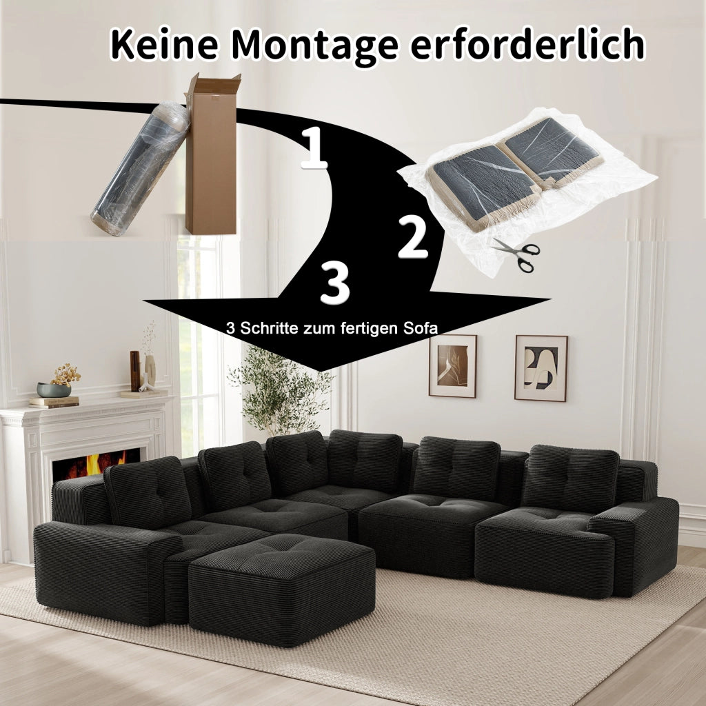 Divano angolare modulare con seduta profonda senza montaggio antiscivolo in velluto a coste nero 295 × 295 × 69 cm