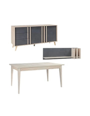 Sala da pranzo completa MALMO con tavolo 160 cm, buffet 165 cm e mensola da parete – Rovere chiaro e grigio