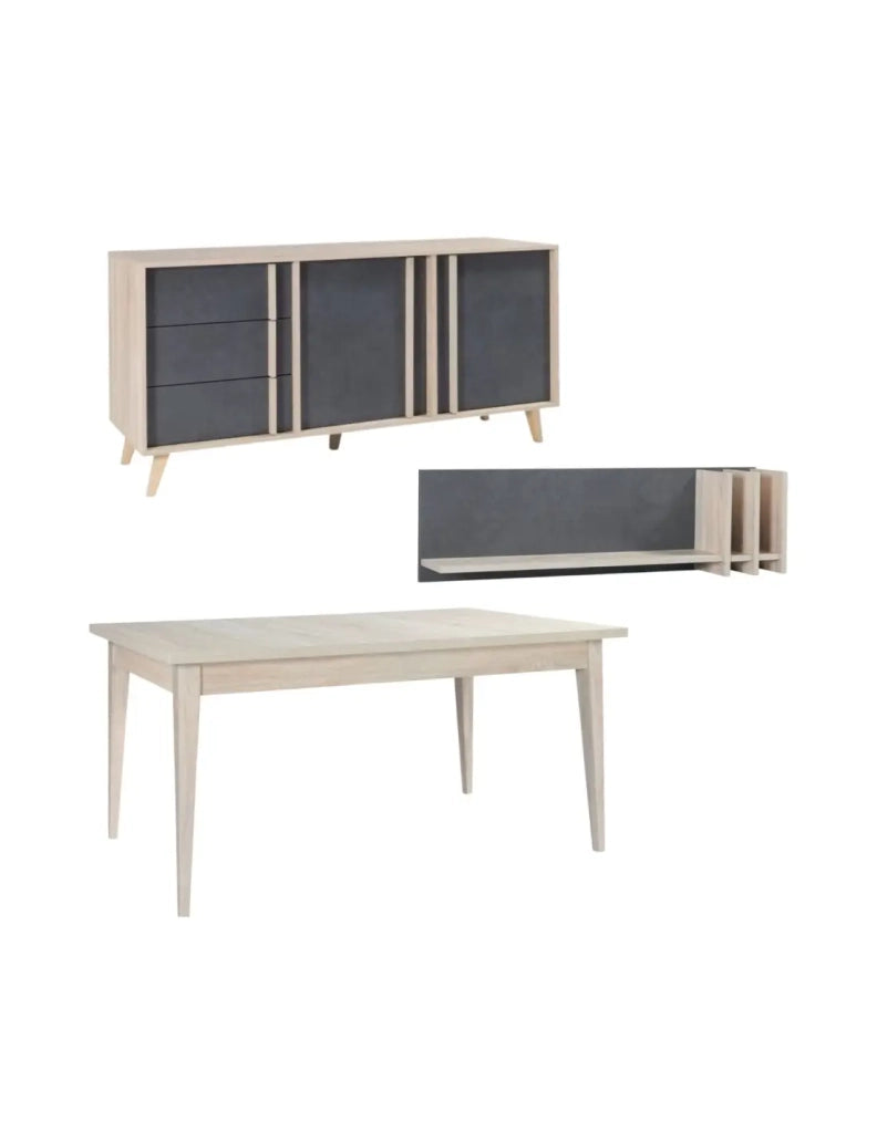 Sala da pranzo completa MALMO con tavolo 160 cm, buffet 165 cm e mensola da parete – Rovere chiaro e grigio