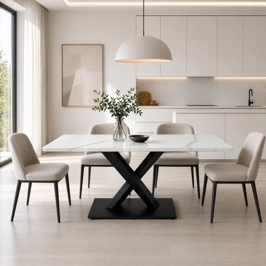 Tavolo da pranzo per 6 persone in MDF e metallo, stile farmhouse, per cucina e soggiorno, bianco e nero, 160 × 80 × 75 cm