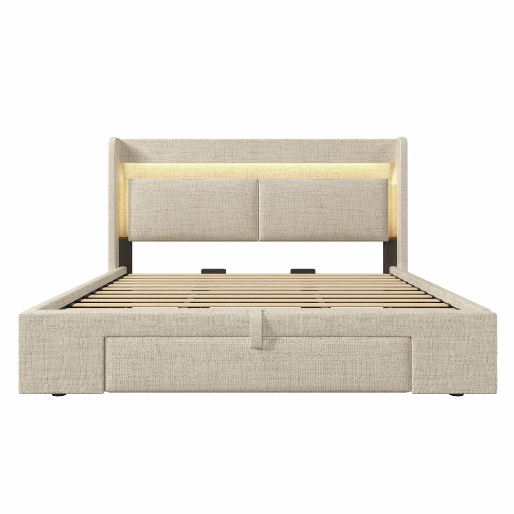 Letto Imbottito Contenitore 180x200 con LED, USB ¨C MINIMAL ¨C Beige, Tessuto, Idraulico