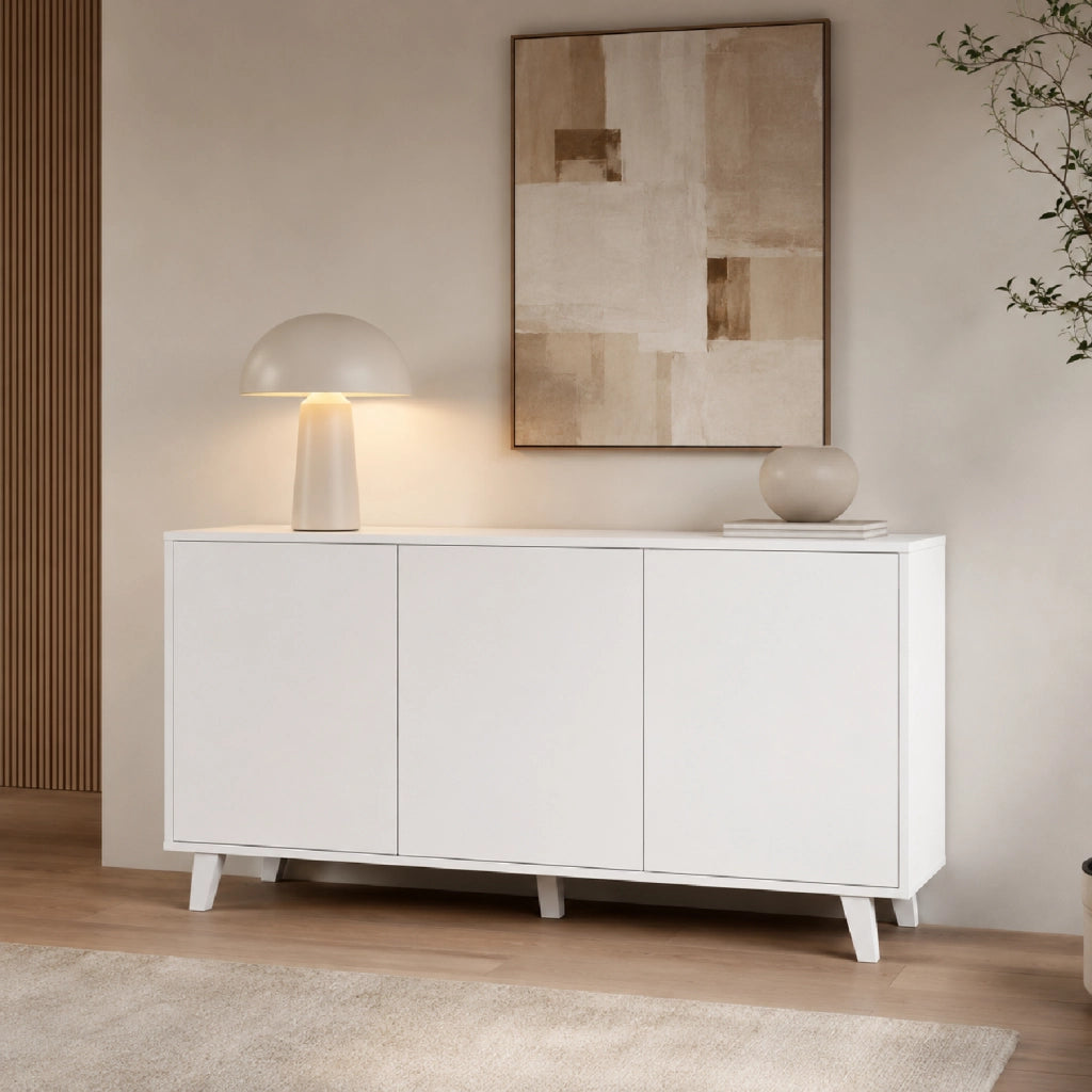 Mobile Contenitore Con 3 Ante Battenti Senza Maniglie Credenza In Melaminico Per Soggiorno Sala Da Pranzo E Ingresso 154 X 41 X 75 Cm Bianco