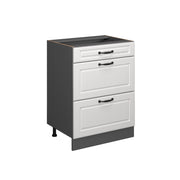Mobiletto base per cucina R-Line Bianco rustico/Antracite 60 cm con cassetti, senza piano di lavoro Vicco