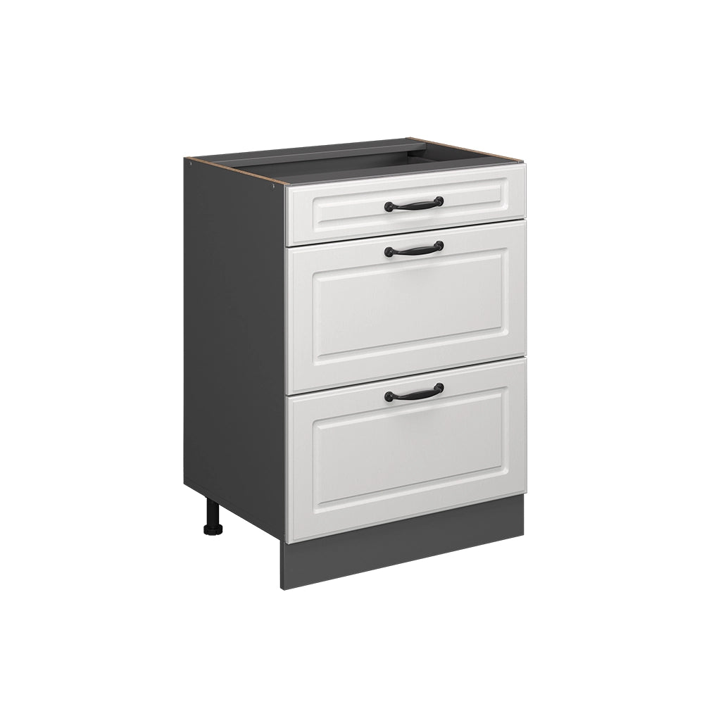 Mobiletto base per cucina R-Line Bianco rustico/Antracite 60 cm con cassetti, senza piano di lavoro Vicco