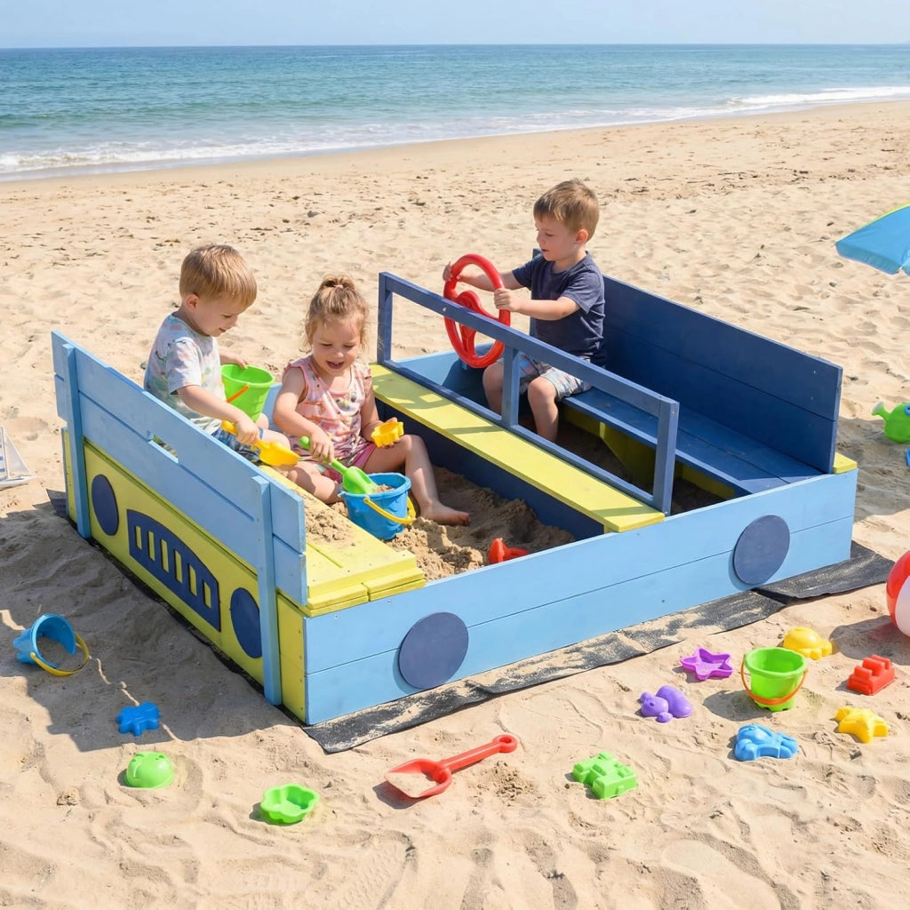 Sabbiera per Bambini in Legno di Abete, Sabbiera da Esterno con Panche e Fodera, Sandbox per Bambini a Forma di Macchina con Volante Rotante, 118x100x40 cm