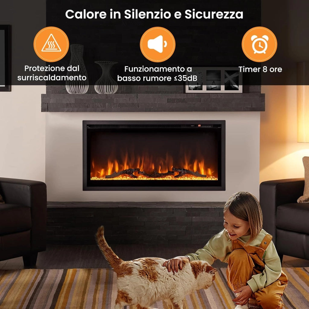 Camino Elettrico da 91,5cm da Incasso a Parete, Caminetto Elettrico da 750W/1500W con Telecomando, Termostato, Protezione da Surriscaldamento, 91,5 x 14,5 x 45 cm