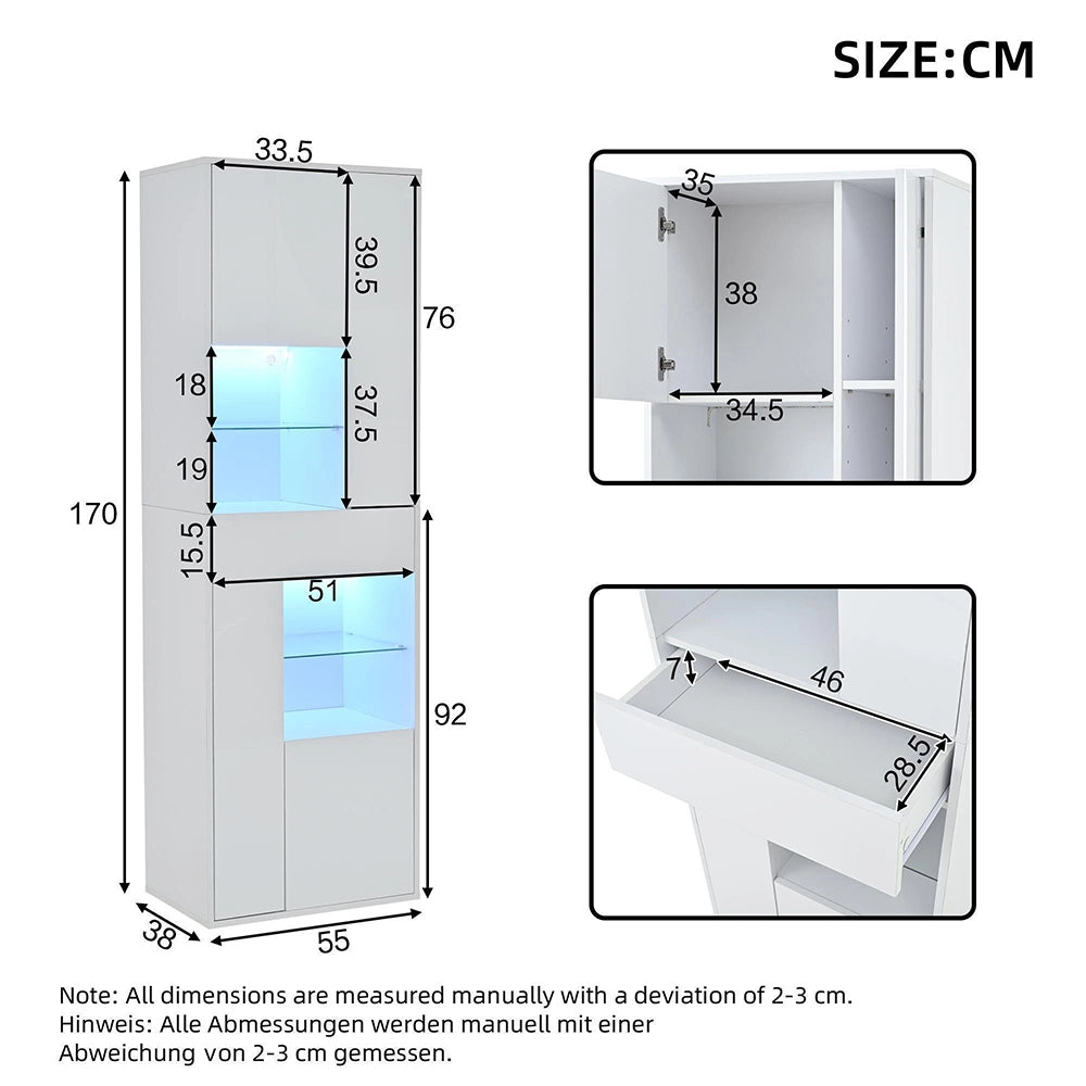 Vetrina esposizione 55x38x170 cm con LED - Xylo - 1 cassetto, 4 ante vetrate, design brillante, bianco