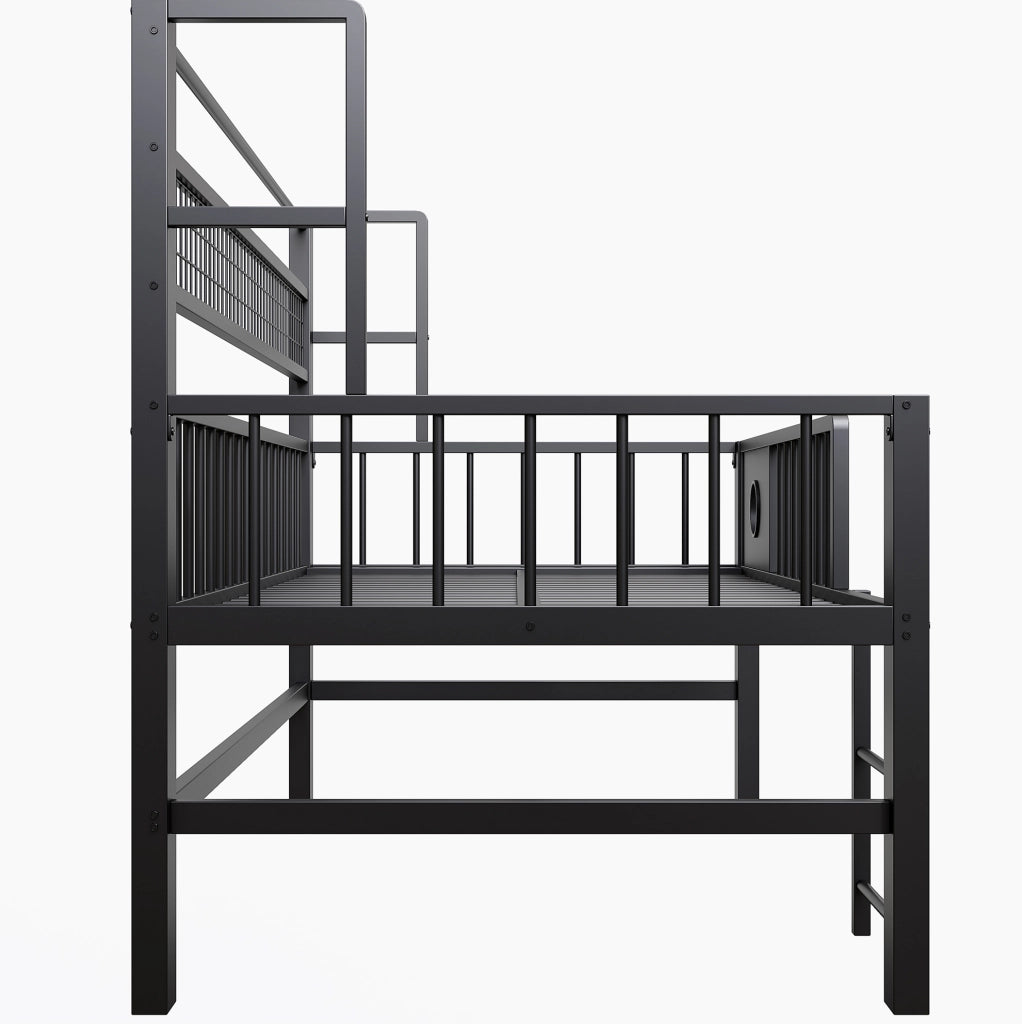 Letto a soppalco basso per bambini 90x200 cm con struttura in metallo; ripiani e barra appendiabiti; nero