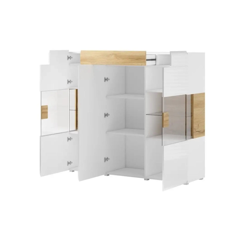 Buffet XL150cm collezione OHIO. Illuminazione LED integrata. Colori bianco e rovere.