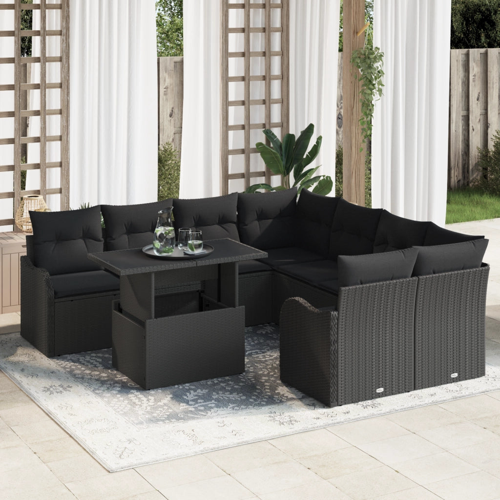 Set di Divani da Giardino  9 Pezzi con Cuscini Rattan Polietilene Nero