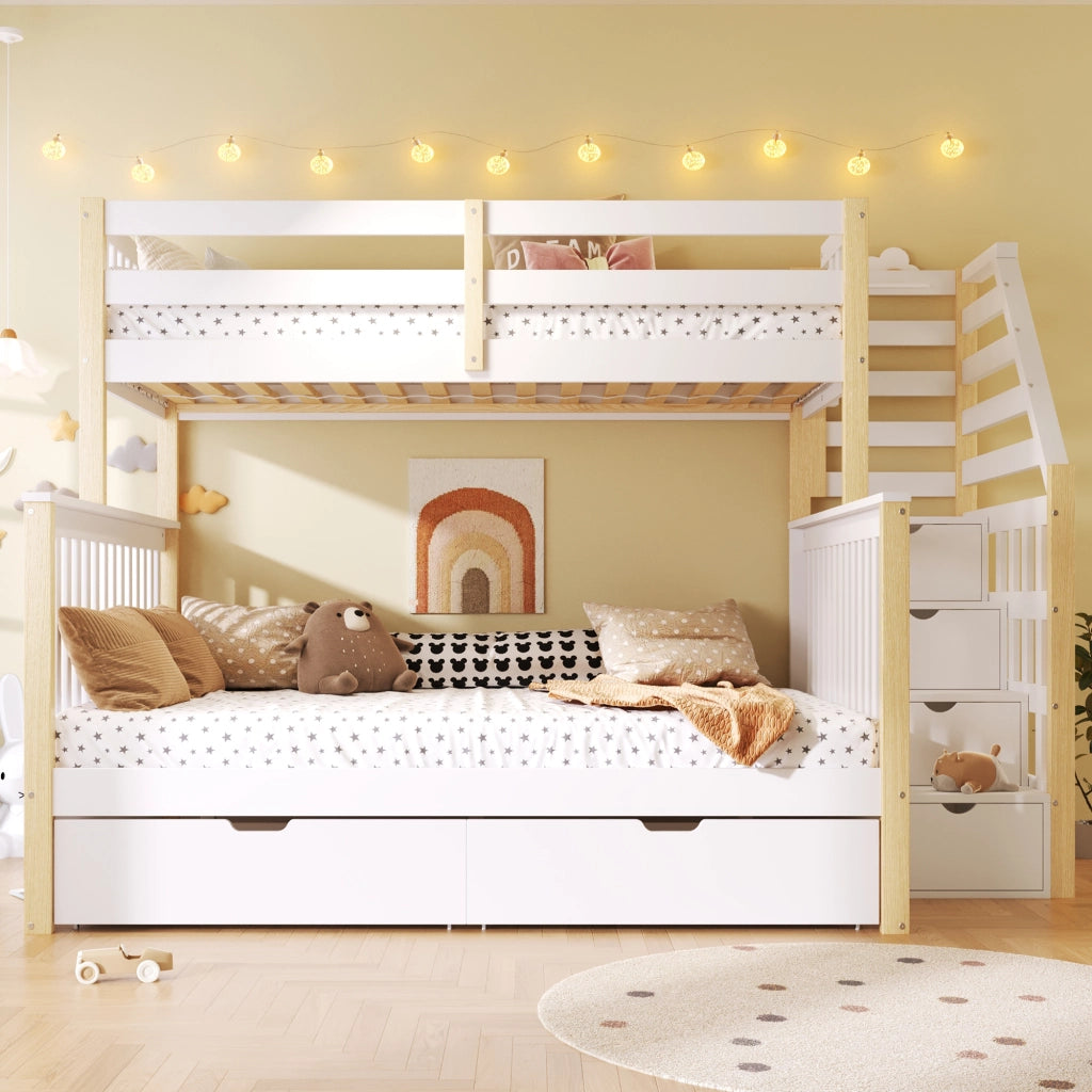 Castello 90x200 sopra 140x200 bianco/naturale cassetti e vano