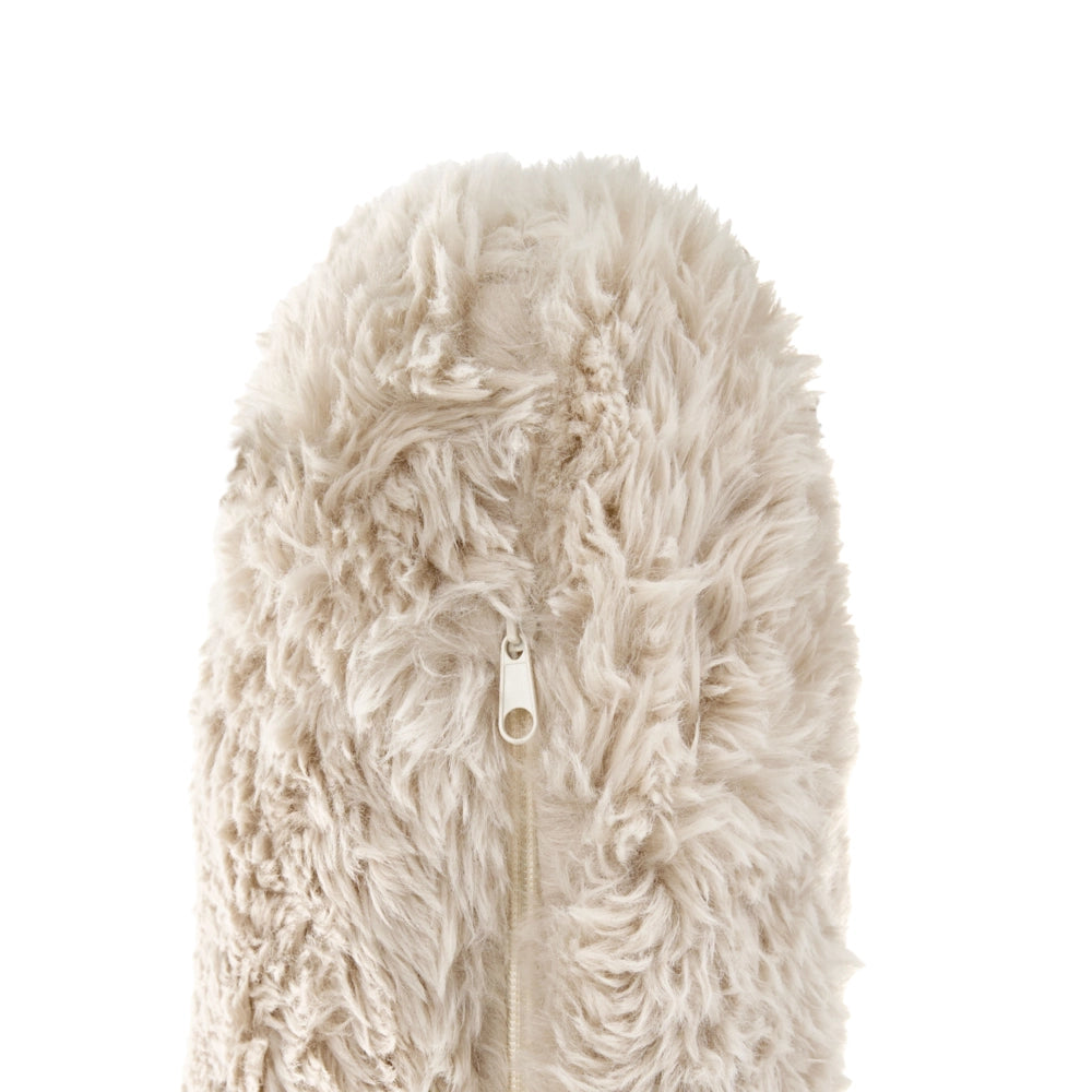 Sedia a dondolo con braccioli e cuscino Gambe in legno di gomma e rivestimento in finta pelliccia beige chiaro Soggiorno classico tradizionale
