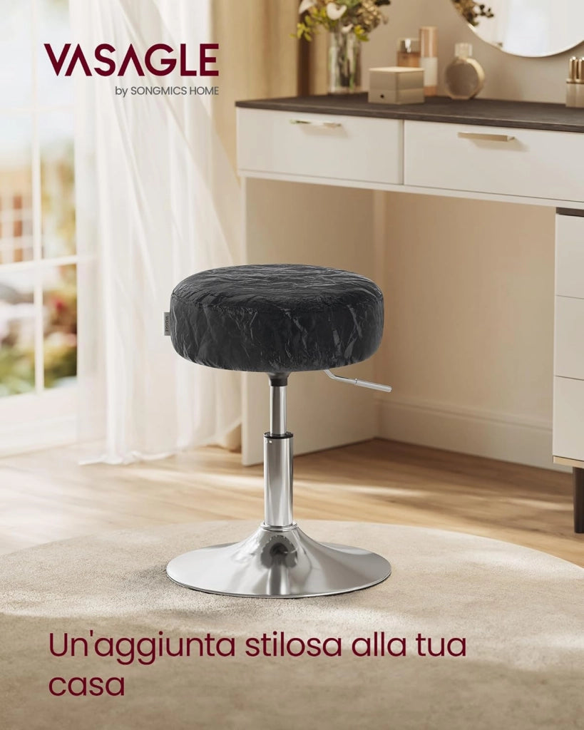 VASAGLE Sgabello da Trucco, Sedia per Toeletta, Regolabile in Altezza, Girevole a 360°, in PU, Seduta Spessa, per Camera da Letto Cucina Sala da Pranzo, Moderno, Nero Inchiostro LJB120B01