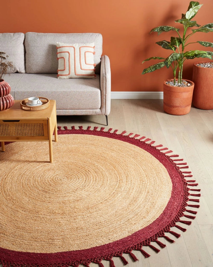 Tappeto Beige e Rosso Rotondo 200 cm Boho Rustico Spirale Intrecciato Fatto a mano Juta Naturale Camera da letto Soggiorno