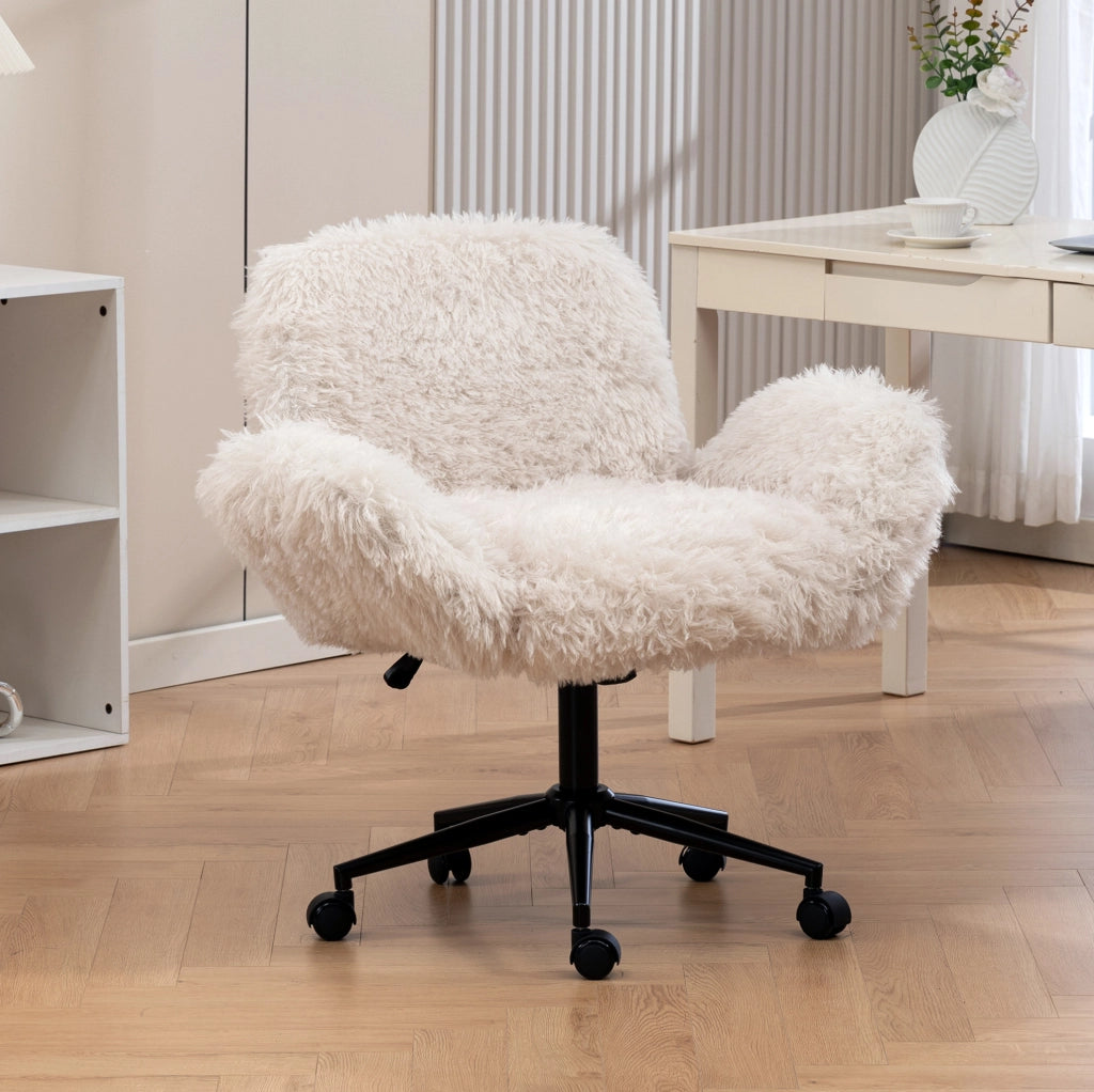 Sedia da ufficio beige in pile di lana con braccioli pieghevoli